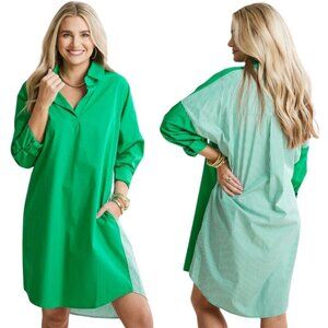 Caryn Lawn Preppy Gameday Back Stripe Mini Shirt Dress Womens One Size Green NWT